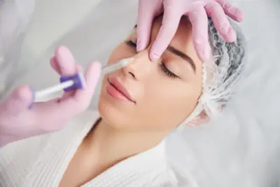 Nicht-operative Nasenkorrektur in der Türkei: Behandlerin spritzt Hyaluron-Filler in die Nase einer Patientin.