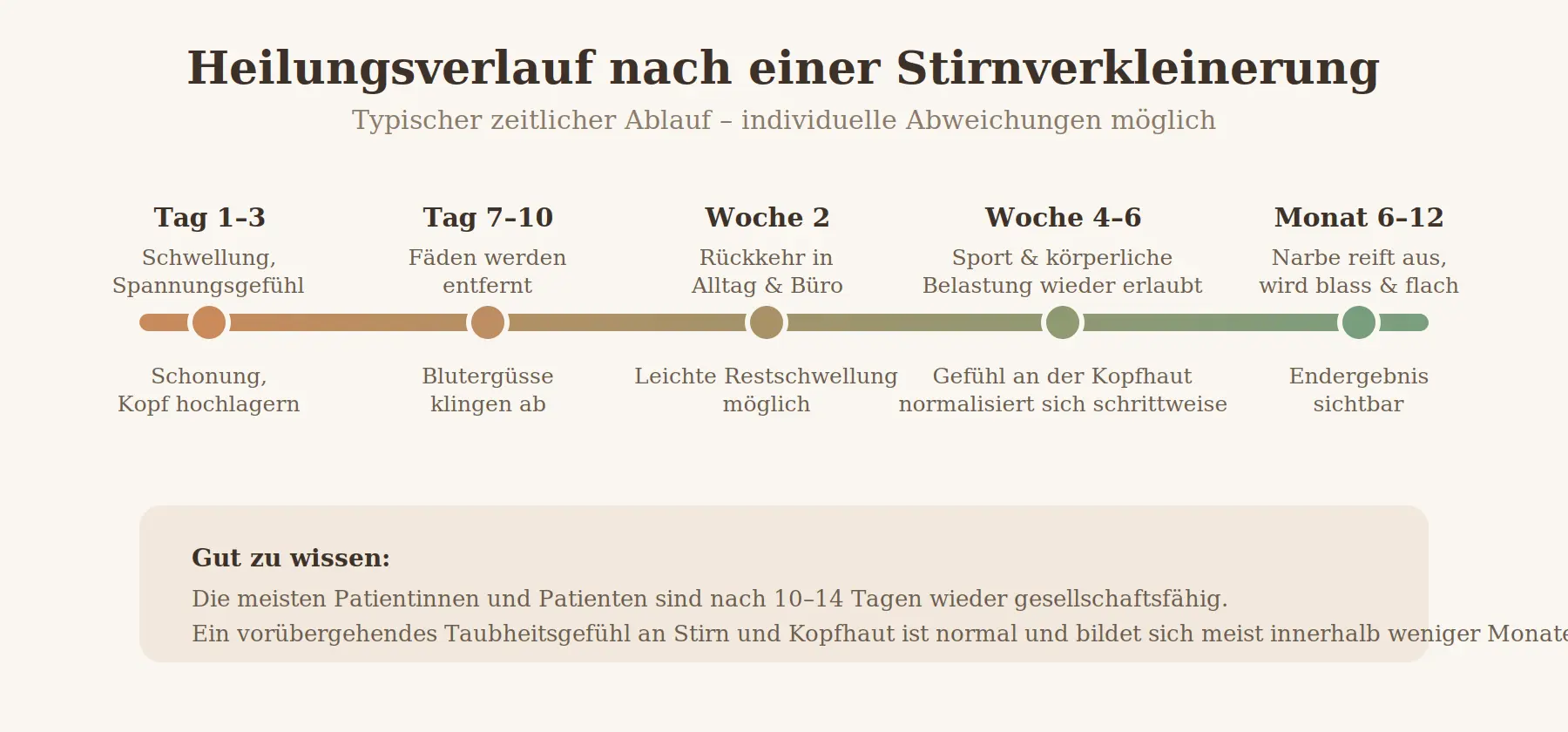 Zeitstrahl zum Heilungsverlauf nach einer Stirnverkleinerung: von Schwellung an Tag 1–3 über Fadenentfernung an Tag 7–10 bis zum sichtbaren Endergebnis nach 6–12 Monaten.
