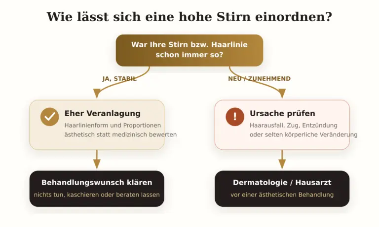 Hohe Stirn einordnen: Grafik zur Unterscheidung zwischen genetischer Veranlagung und einer neu auftretenden oder zunehmenden Veränderung der Haarlinie.