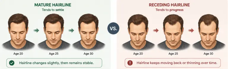 Side-by-side illustration showing a mature hairline remaining stable from age 20 to 30, compared with a receding hairline progressively moving backward and thinning over the same period.