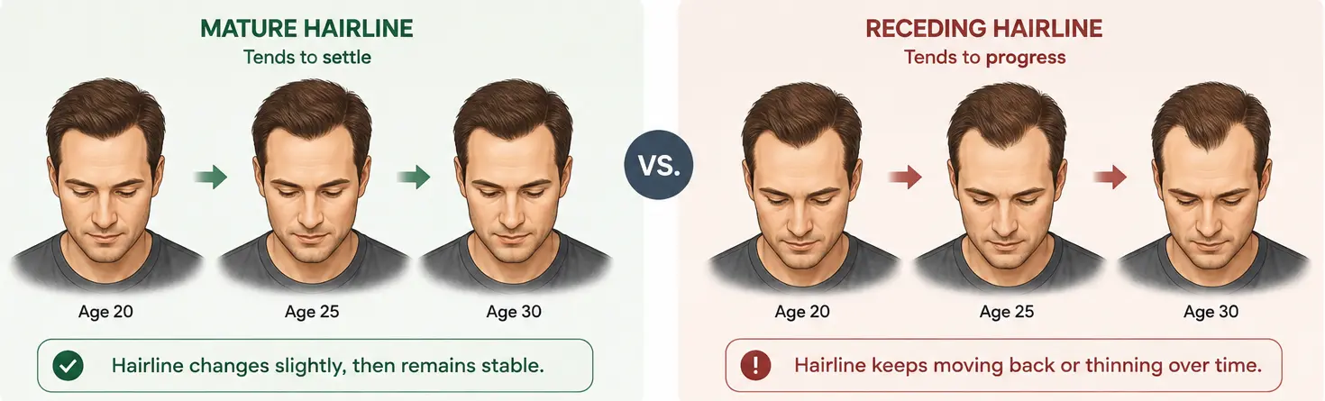 Side-by-side illustration showing a mature hairline remaining stable from age 20 to 30, compared with a receding hairline progressively moving backward and thinning over the same period.