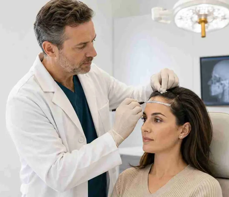 Plastic surgeon measuring a patient’s hairline during a clinical forehead reduction assessment.