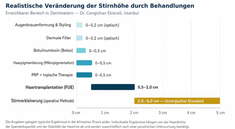 Grafik in deutscher Sprache, die zeigt, wie viel Stirnhöhe durch nicht-operative Methoden und operative Eingriffe reduziert werden kann.