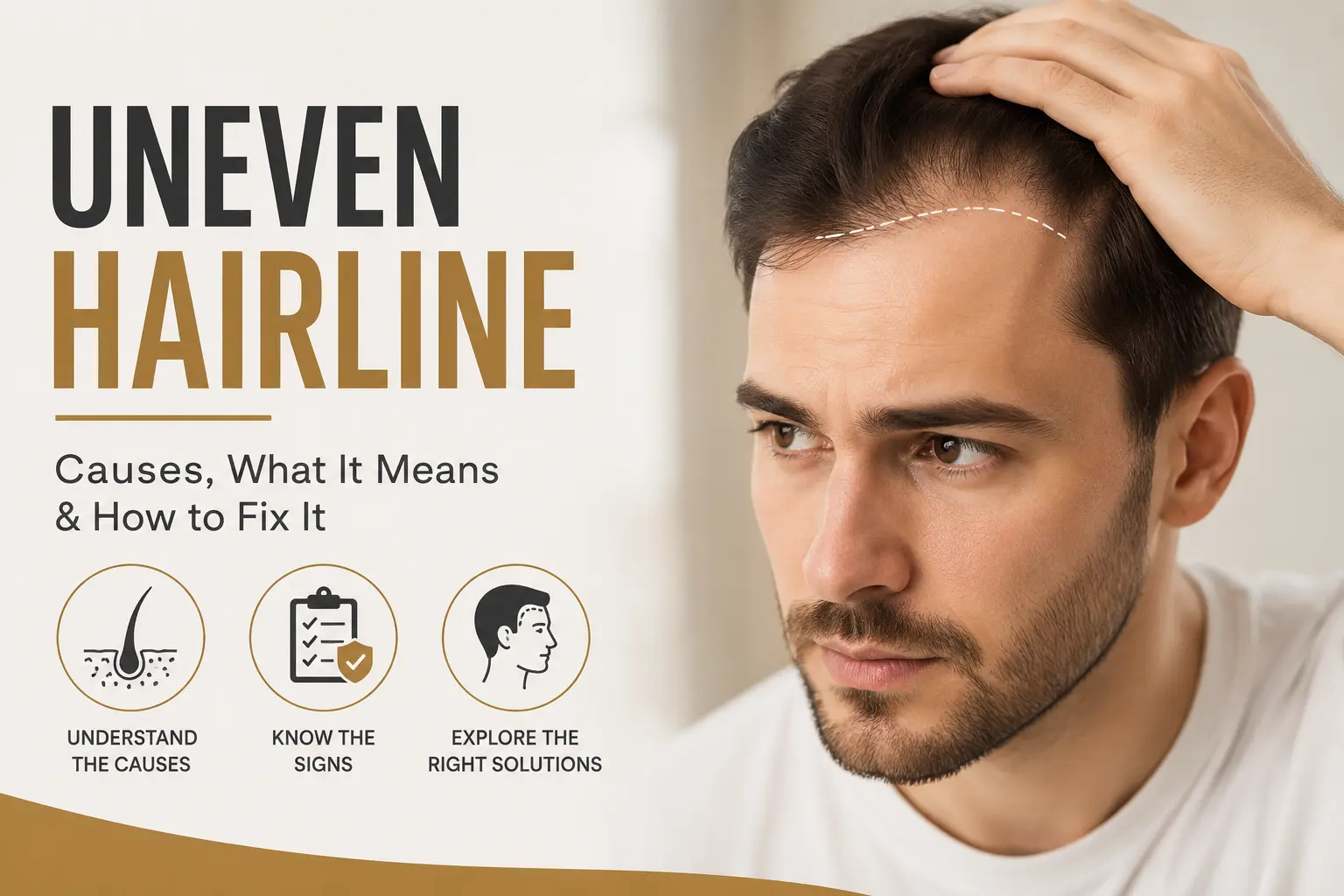Man examining an uneven hairline while pulling back his hair, with graphic text about causes, warning signs, and treatment options.
