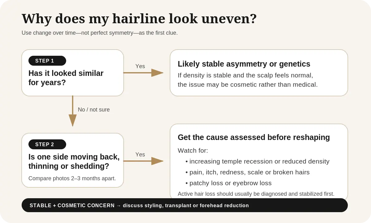 Uneven hairline decision guide showing how to distinguish stable natural asymmetry from progressive recession, thinning, or scalp symptoms that may require medical assessment.